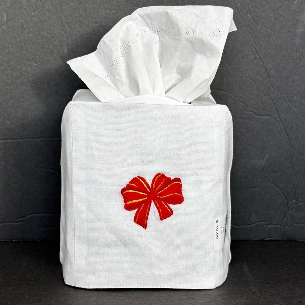 Anthropologie Embroidered Tissue Cover Red Bow Square Tissue Box Style NWT